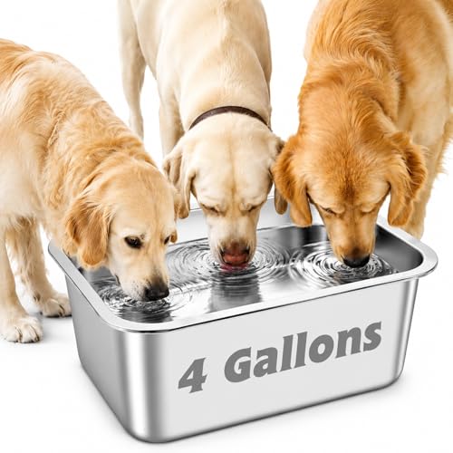 YUEPET Large Stainless Steel Dog Water Bowl, 4 Gallon Bowl for L Dogs | Outdoor Dog Water Bowl, 4 Gallon Capacity, Food and Water Use, Rounded Corners, Raised Edge, Easy to Clean, XL Dogs - size: 4 Gallons
