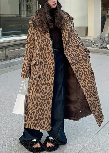 Womens Leopard Long Wool Trench Coat Notched Lapel Double Breasted Pea Coat Winter Warm Overcoat - color: Leopard, size: Medium