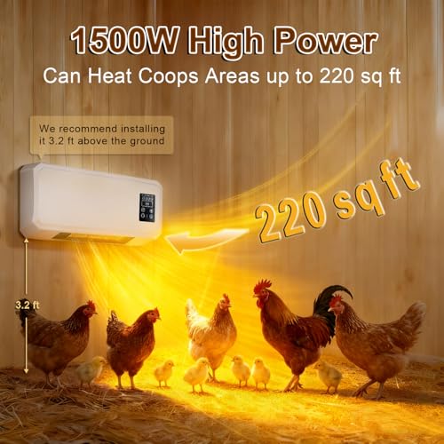1500W Chicken Coop Heater for Winter, Wall-mounted poultry heater, 5S Fast Heating with Adjustable Temperature (77~99℉), Safe Warm Stove for Chickens, Ducks & Small Pets
