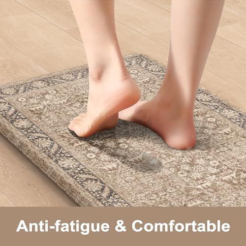 KIMODE Farmhouse Anti Fatigue Kitchen Mat, Brown Boho Vintage Kitchen Rugs | 17"x59"+17"x29" Waterproof Kitchen Floor Mats Non Slip, Comfort Foam Standing Mat for Sink, Laundry, Office, Desk, Dormitory - color: Brown/Multi, size: 17.3" x 59"+17.3" x 29"--