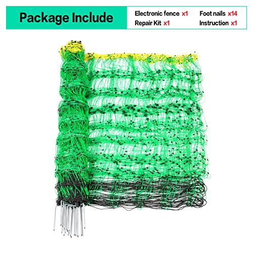 Electric Fence Netting, 49.6" H x 164' L, PE Net Fencing Kit with 14 Posts Double Spiked, Utility Portable Mesh for Sheep Goats Deer Hogs Dogs Lambs Used in Backyards Farms and Ranches, Green