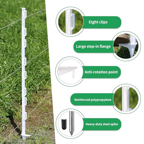 50PCS 48" Plastic Step-in Electric Fence Posts with Clips, White | Temporary Electric Fence Stakes · 8 Integrated Clips · Reinforced Steel Spike · For Garden and Farm & Livestock - color: White-50PCS