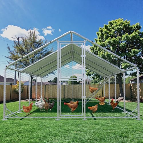 Large Metal Chicken Coop Runs for Yard with Cover, 10x26x6.5 | Perch Bars, Split Doors, Waterproof Covers, Mesh Wire - size: 315.0"L x 118.1"W x 78.7"H