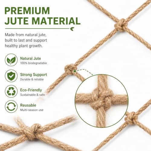 Jute Trellis Netting for Climbing Plants Heavy Duty Jute Plant Support Net for Garden Natural Jute Hemp Rope Net with 5.9 inch Mesh for Climbing Vining Plants, Cucumber, Tomatoes (6.5 * 10 FT) - size: 6.5*10 FT