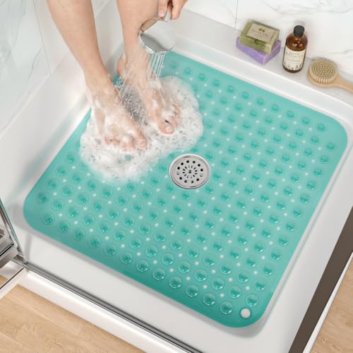 HITSLAM Square Shower Mat, Non Slip PVC Stall Mat, 24"x24", Green | Power Grip Suction Cups, Center Drain Hole, Built-In Hanging Holes, Machine Washable Bathroom Floor Mat, Soft On Feet - color: Mint Green