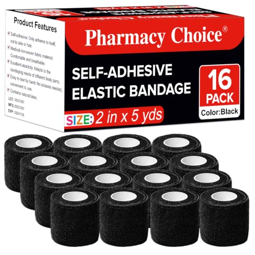 Self Adhesive Bandage Wrap, 2" X 5 Yards Elastic Cohesive Bandage Wrap, Color Athletic Tape, Vet Wrap, Ankle Tape,Non-Woven Cohesive Bandage 16Rolls，Black - color: Black
