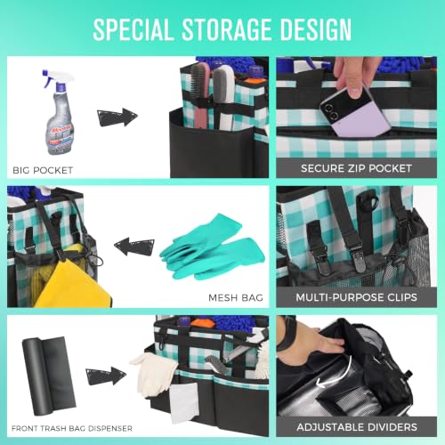 SCAVATA Wearable Cleaning Caddy, Cleaning Caddy Supplies Organizer with Handle & Shoulder Straps for Housekeepers, Under Sink & Car Cleaning Tool Organizers Bag with 4 Foldable Divider (BluePlaid) - color: BluePlaid