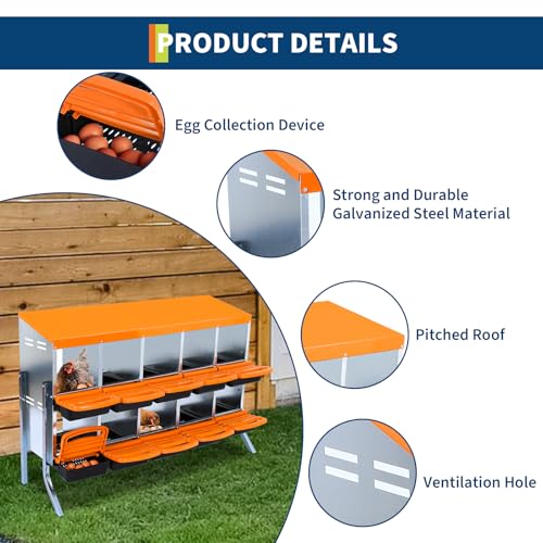 Chicken Nesting Box, 10-Hole Roll Away Egg Laying Box with Lid, Galvanized Steel Rustproof Design - Easy Egg Collection, Easy Clean with Bracket Legs, Orange - color: orange, size: 10 HOLES WITH LEGS