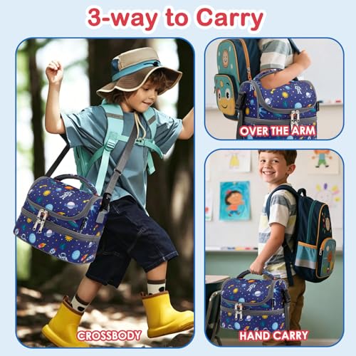 FlowFly Kids Double Decker Cooler Insulated Lunch Bag Large Tote for Boys, Girls, Men, Women, With Adjustable Strap, Astronaut - color: Astronaut