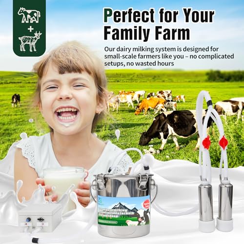 2-in-1 Upgrade 1.3Gal/5L Portable Electric Milker, Milking Machine for Cows and Goats with Food-Grade Stainless Steel Bucket, 4 Teat Cups and Pulsation Vacuum System for Farm, Ranch and Home Dairy Use - size: 5L Two-in-One Milking Machine