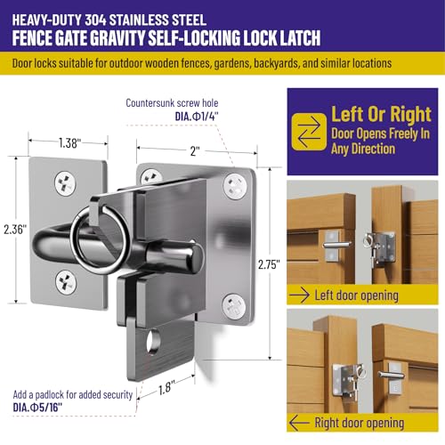 Hulave 304 Stainless Steel Fence Gate Latch, Self-Locking Gravity Gate Latch, Heavy Duty Privacy Gate Latch for Wooden Fence, Metal Gate & Vinyl Fence Gate Hardware (Silver) - color: Silver