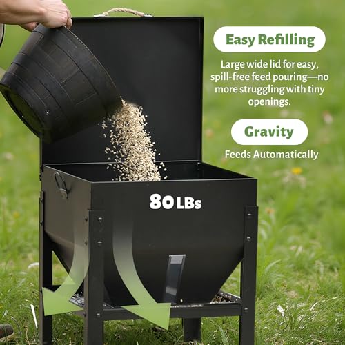 KOL 80LBs Chicken Feeder No-Waste, Galvanized Steel Large Capacity Chicken Feeder, Portable Poultry Feeder with Waterproof Lid for Hens and Roosters, Coops & Outdoors