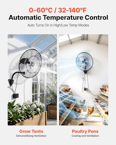 VEVOR Wall Mount Fan, 20 in Wall Mounted Hanging Fan with Oscillating & Mist, Remote, IP44-rated, 3-Speed, 18h Timer, Temperature Control, Powerful for Industry, Commercial, Garage, Workshop, Gym