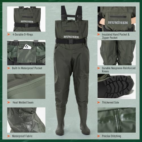 HUNTSEN Fishing Waders for Men Women - 2-Ply Nylon/PVC Waterproof Hunting Chest Waders with Boot Hanger&Phone Case, Size9-13 - color: Green, size: 13