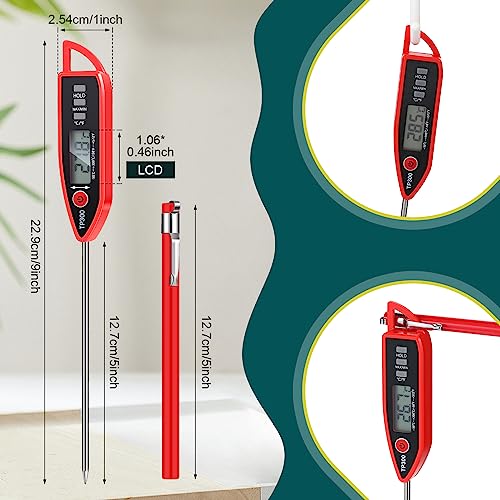 6 Set Digital Food Thermometer Long Probe Instant,Red | Waterproof for Water Liquid Candle, Instant Temperature Read for Kitchen BBQ Grill Candy Meat, Foldable Probe Thermometer - color: Red