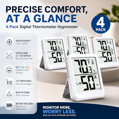 4 Pack Room Thermometer Indoor Hygrometer Humidity Gauge Meter | W/ Battery, Accurate Sensor, Monitor Temperature & Humidity, Fast Read, Easy To View, Durable Kickstand, ℉/℃, Small Size - color: White - Upgraded Version
