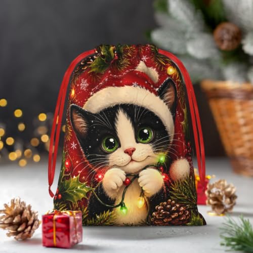 KzgtY Christmas Cat 2PCS Gift Bags with Drawstring, 16 x 12 Inch Reusable Present Sacks for Christmas,Brithday, Holidays,Parties & Gift Packaging - color: Christmas Cat