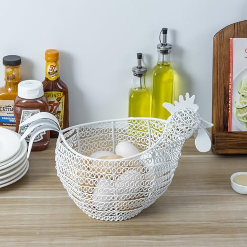MyGift Modern Matte White Metal Wire Egg Storage Basket in Decorative Chicken Shaped Design, Farmhouse Container for Gathering Fresh Eggs and Easter Decor - color: White