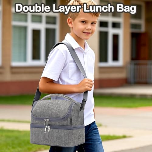 FlowFly Double Decker Cooler Insulated Lunch Bag Large Tote for Boys, Girls, Men, Women, With Adjustable Strap (Grey) - color: Gray