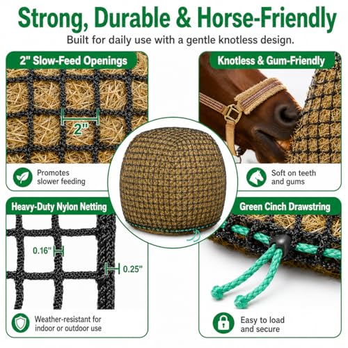 6x6 ft Round Bale Hay Net for Horses & Livestock - Slow Feeder Hay Net with 2 inch Mesh, Knotless Design, Durable Heavy-Duty (6 * 6 ft)