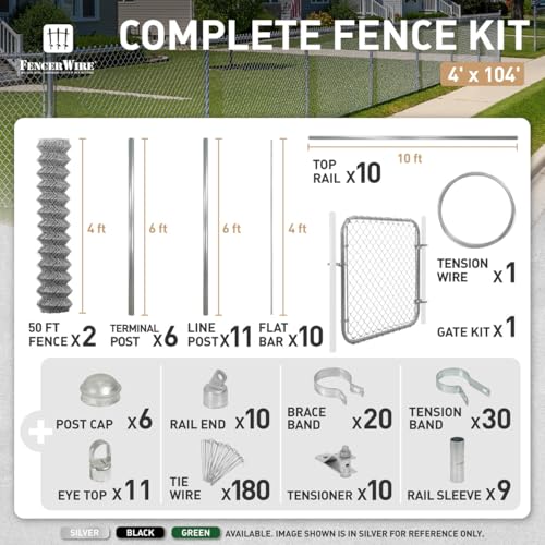 Fencer Wire 11.5 Gauge Durable Galvanized Steel Chain Link Fence Kit, Complete Fencing DIY Set w/Fence Fabric, Gate, Posts, Top Rails & Hardware for Yard, Garden & Animal Enclosures (4ft. x 104ft.) - color: Silver, size: 104 FT