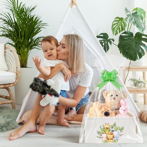 Pickmesh Baby Shower Storage Basket with Gift Bags Rectangular Ribbons Collapsible Canvas Storage Bin with Handles for Diaper Organizing Toy Home DIY Gift Basket, 13 x 9. 1 x 7. 1 Inch(Jungle Theme) - style: Jungle Theme