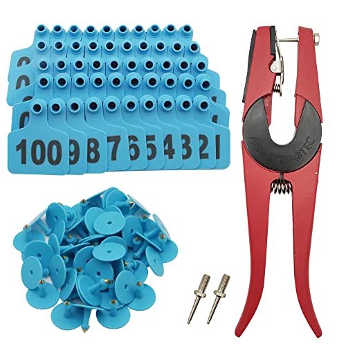 Cattle Ear Tags 001-100, 100Pcs Plastic Livestock Ear Tag for Cows Goats Sheep Pigs with Pliers Applicator & 2 Pins, Animal ID Tags for Ranch Farm Herd Tracking, Laser Print (001-100, Blue) - color: Blue