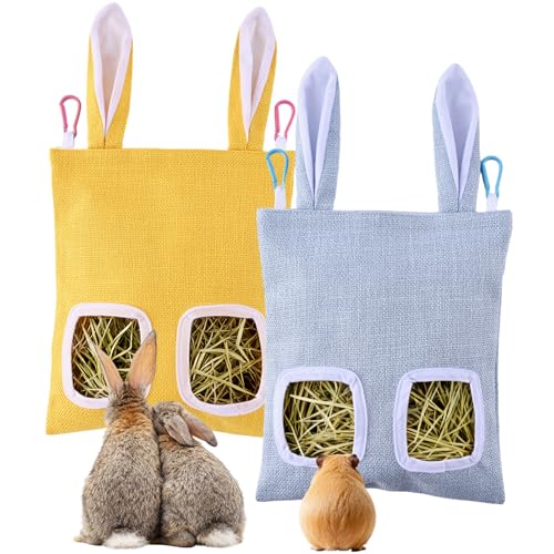 2 Pack Rabbit Guinea Pig Hay Feeder, Cute Bunny Hay Bag, Hanging Hay Holder for Guinea Pig Cage, Hay Feeder for Rabbits Chinchillas Hamsters Small Pets and Animals (Yellow & Blue)