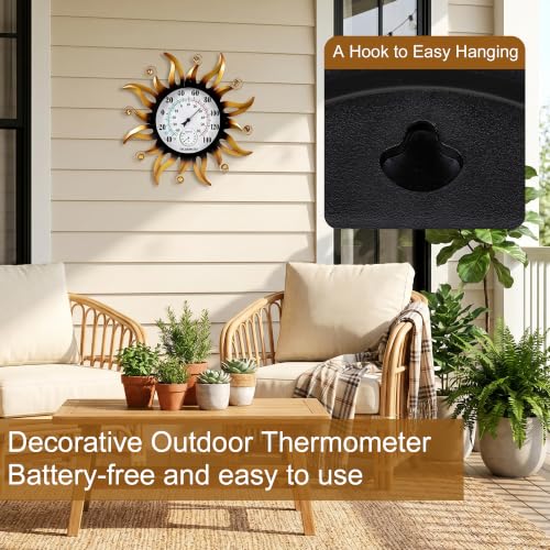 20" Large Outdoor Thermometer, Sun Outside Decor for Patio Yard Garden | Thermometer & Hygrometer Combo, 10" Dial Large Number Wall Mount Temperature Easy to Read, No Battery Needed Waterproof