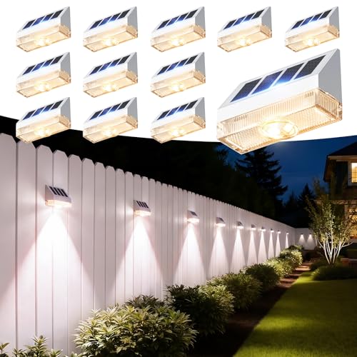 VOLISUN Solar Fence Lights 12 Pack, Vinyl Fence Lights Solar Powered with Warm White LED Spot Lens, Solar Deck Lights for Outside Wall, Deck, Patio, Yard, Rail, Garage, Pool - color: White, size: 12 Pack