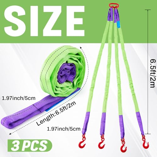 3 Pcs 6.6 ft Polyester Lifting Straps Set - Four Leg Bridle Web Sling & 2 Endless Round Slings Rigging Straps for Hoist, Engine, Crane, Machinery Moving & Tree Stump Removal 6600 lbs Capacity