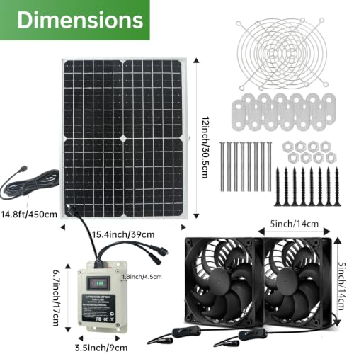 Solar Fan for Chicken Coop with Battery 25W Solar Panel Powered Exhaust Fans with 13ft On/Off Switch Cable for Greenhouse, Sheds, Pet Houses, Ventilation, Outside, Greenhouse Air Circulation Garages - color: 5000mA Battery