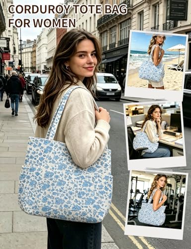 Corduroy Tote Bag for Women, Cute Floral Tote Bag with Zipper, Large Shoulder Handbag with Multi-Pockets for Work Travel Gym - color: Blue Floral