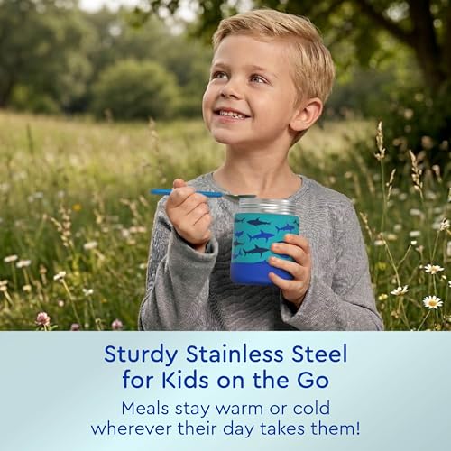 Bentgo Kids Stainless Steel Leak-Proof Food Jar for Hot or Cold Food | 11 fl oz Double Insulated Container with Removable Silicone Bumper, Dishwasher Safe, Easy Open Lid, Ages 3+ (Sharks) - color: Shark