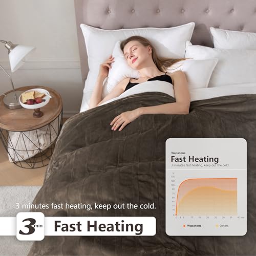 Wapaneus Heated Blanket Electric Queen Size 84"x90"-Dual Control with 10 Heat Levels 12 Timer Settings and 8 Hours Auto-Shut Off,Fast-Heating Electric Blanket,ETL Listed Machine Washable,Dark Brown - color: Dark Brown, size: 84*90in
