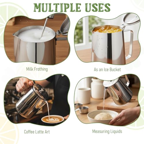 67 oz 304 Stainless Steel Pitcher with Lid | 2000 ml Large Metal Measuring Cup with Handle Dual Scale Markings Milk Frothing Jug for Iced Tea Hot Water Espresso Machines