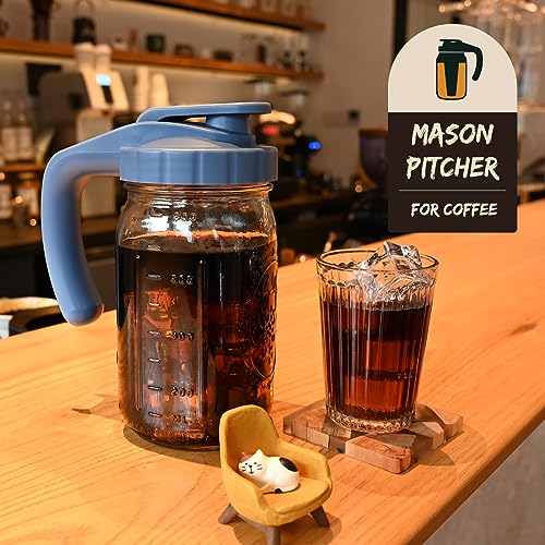 Breast Milk Pitcher, 32oz Glass Pitcher with Flip Top Lid & Handle - Leak Proof Mason Jar for Iced Tea, Lemonade & Juice, Dishwasher Safe, Blue