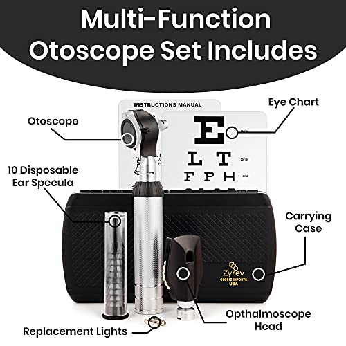 Zyrev Otoscope Oph Multi-Function Set - Otoscope/Opthalmoscope for Ear & Eye Examination - with Portable Carry Case, Sight Chart, Replacement Tips (Black)