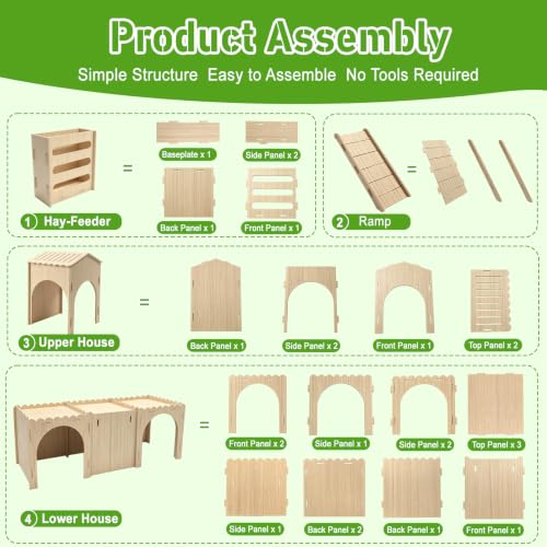 Large Rabbit Castle, Large Rabbit House Wooden Bunny House with Hay Feeder, Tool-Free Assembly for Small Animal Rabbit Guinea Pig Hedgehog