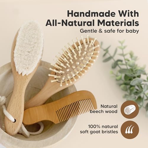 Wooden Baby Hair Brush Set for Newborns, Toddler Comb (Walnut, Regular) | Soft Goat Bristle, Baby Brush and Comb Set, Infant Grooming Kit, Cradle Cap Care, Durable & Gentle, Boy, Girl Bath Essential - color: Walnut, size: Oval, Regular 7"