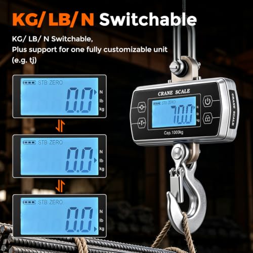 Crane Scale 2200lb, OIML Class III CE Certified Hanging Scale | Switchable kg/lb/N Units, Sturdy Build, Stainless Steel Shackle & Alloy Steel Hook, Adjustable Backlight & Auto Off Timer - size: 1000 kg/2200 lb, Touch Key