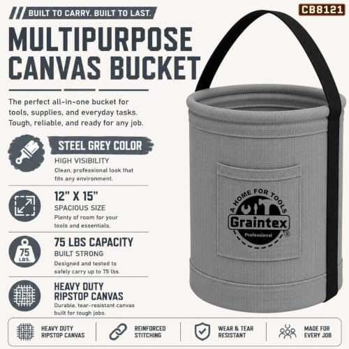 Graintex Canvas Utility Bucket 12"x15", Round Tool Bucket, Reinforced Base & Carry Handle, Ripstop Canvas, Multi-Purpose Bag for Jobsite, Home Use (Steel Grey) - color: Steel Grey