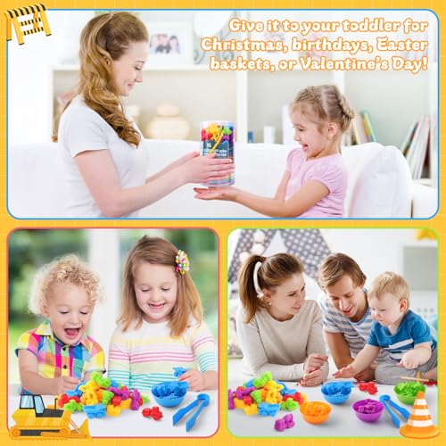 RAEQKS Counting Sorting Toys Matching Stacking Games with Bowls Sensory Preschool Learning Activities Educational Montessori Stacking Toy Gifts Sets for Kids Aged 3 4 5 Years Old Boys Girls - style: Construction vehicles