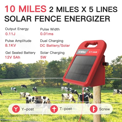 10 Mile Solar Fence Charger 0.11J Electric Fence Energizer with Day Night Mode 24-Hour Protection Red - size: 0.11J-Hg