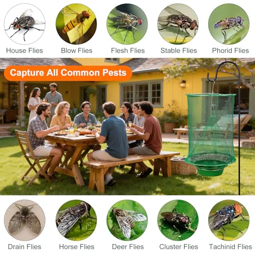 8 Pack Reusable Ranch Fly Traps Outdoor Hanging Fly Cage | Fly Catcher with Bait Tray, Fly Catcher Killer Hunter Cage Control, Farm Horse Stable Fly Trap for Orchard Barn Garden - size: 8 pack