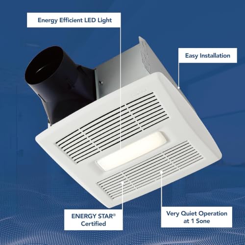 Broan-NuTone Bathroom Exhaust Fan with LED Light and Roomside Installation, Energy Star Certified, 110 CFM, Very Quiet 1.0 Sones White, AE110L | 1.0 Sones, ENERGY STAR Ceiling Exhaust Bath Fan for Moisture Removal & Quiet Bathroom Ventilation - size: 110