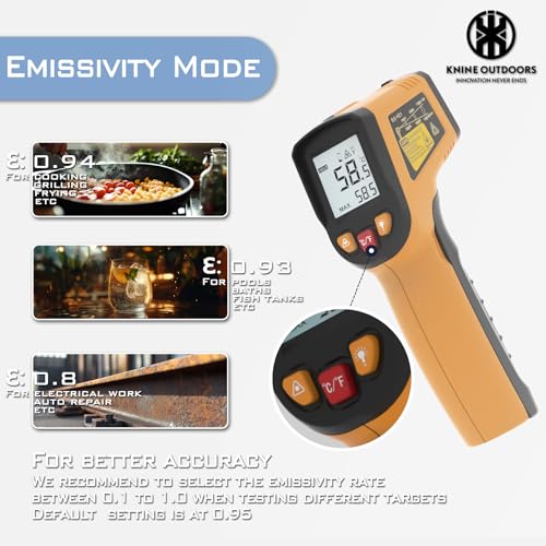 KNINE OUTDOORS Infrared Thermometer Gun, -58℉ to 1112℉ | Temp Gun, Laser Temperature Gun, for Cooking, Oven, BBQ, Griddle, Meat, HVAC Engine, Distance to Spot Ratio 12:1, Orange - color: Orange