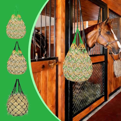 Slow Feed Hay Nets 3 Pack 40-Inch Durable Mesh Hay Bags Feeder for Horses | Heavy Duty Mesh Hanging Feeders with Carabiners & Gloves for Goat Livestock Barn Trailer Pasture Feeding Supplies Accessory - size: 3 Pack