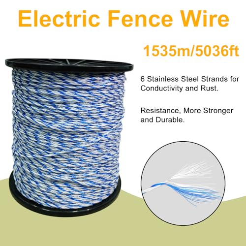 Electric Fence Wire Polywire 5036 Feet 1535 Meters, 6 Stainless Strands | Electric Fence with Portable Polywire for Livestock Fencing, Poly Wire Rope Line, Good Conductive & UV Resistant - size: 5036FT/1535M