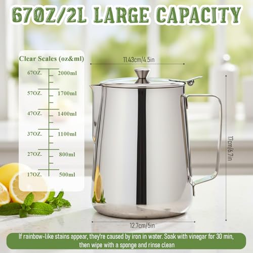 67 oz 304 Stainless Steel Pitcher with Lid | 2000 ml Large Metal Measuring Cup with Handle Dual Scale Markings Milk Frothing Jug for Iced Tea Hot Water Espresso Machines